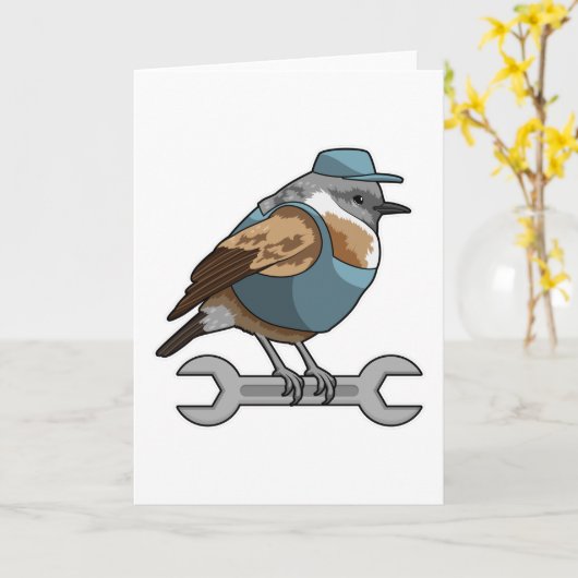 Vogel als Handwerker mit Wrench Karte (Gelbe Blume)
