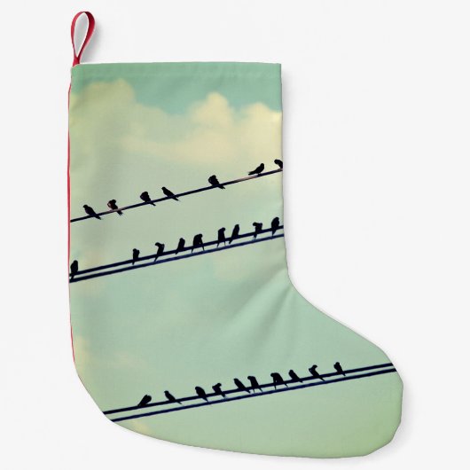 Vögel an Drähten, Vintager blauer Himmel. Kleiner Weihnachtsstrumpf (Vorderseite)