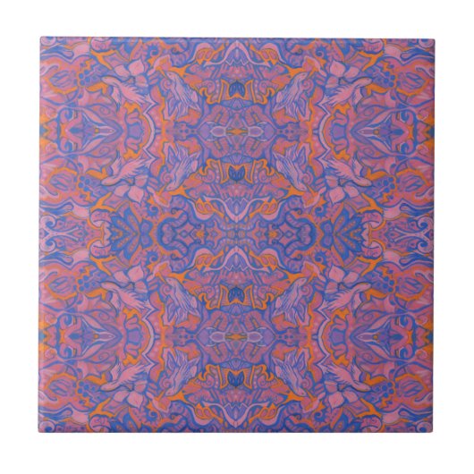 Vögel Arabesque Bohemisch Pink Blue Orange Muster Fliese (Vorderseite)