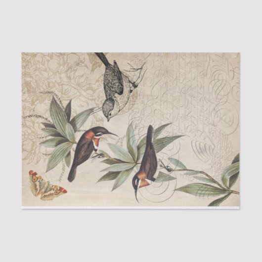 Vögel auf Ast-Grünblätterschmetterling-Decopage Seidenpapier (Vorderseite)