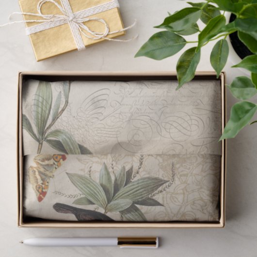 Vögel auf Ast-Grünblätterschmetterling-Decopage Seidenpapier (Geschenk)