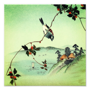 Vogel auf Baumspitze sitzend, vintage japanisches Fotodruck
