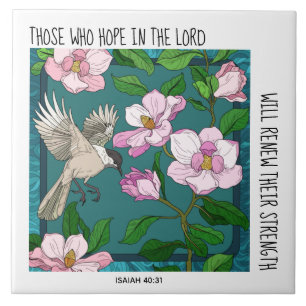 Vogel auf Blume, Gedicht von Isaiah 40:31 Fliese