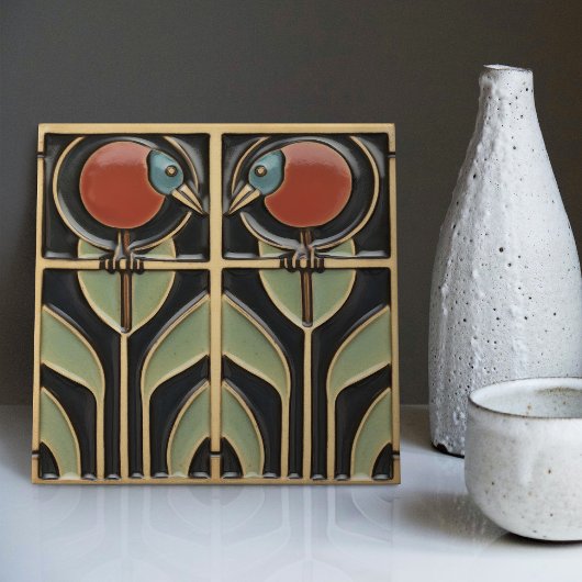 Vogel auf Blume Jugendstil-Dekoration Fliese