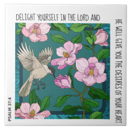 Vogel auf Blume: Vers von Psalm 37:4 Keramik Tile Fliese