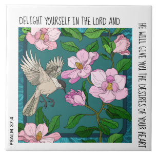 Vogel auf Blume: Vers von Psalm 37:4 Keramik Tile Fliese