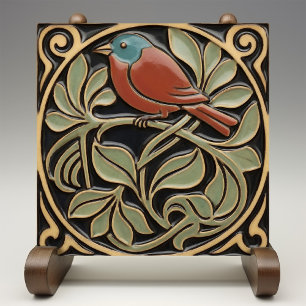 Vogel auf Blumen Art Deco Nouveau Faux-Relief Fliese