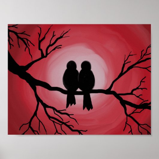 Vögel auf dem Ast. Sonnenuntergang, Silhouette. Poster (Vorne)