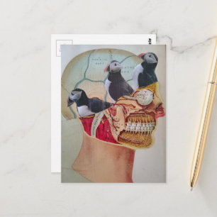 Vögel auf dem Gehirn Surrealer Mixed-Media-Collage Postkarte