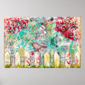 Vogel auf dem White Picket Flag Mixed Media Print Poster (Vorne)