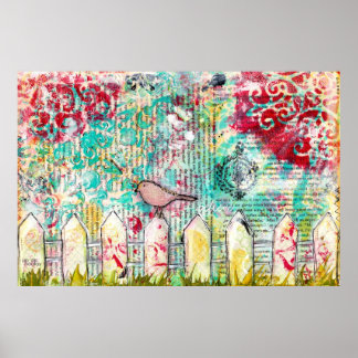 Vogel auf dem White Picket Flag Mixed Media Print Poster