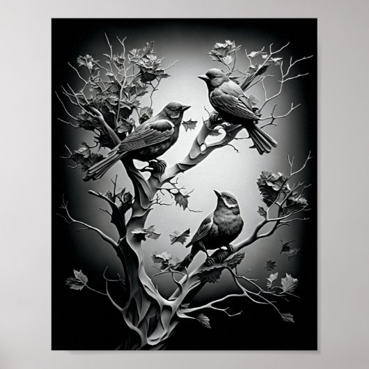 Vögel auf den Baumzweigen Schwarz-Weiß-Vögel Poster (Vorne)