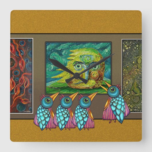 Vögel auf der Galerie Quadratische Wanduhr (Vorderseite)