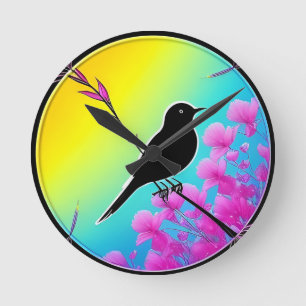 Vogel auf einem Ast mit lebendigem künstlerischem Runde Wanduhr