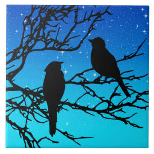 Vögel auf einem Ast, Schwarz gegen Abendblau Fliese