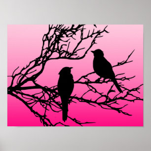 Vögel auf einem Ast, Schwarz gegen Dawn Pink Poster