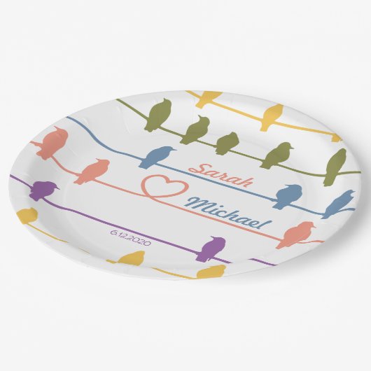 Vögel auf einem Draht mit einer romantischen Drehu Pappteller (Schrägansicht)