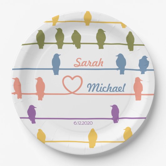 Vögel auf einem Draht mit einer romantischen Drehu Pappteller (Vorderseite)