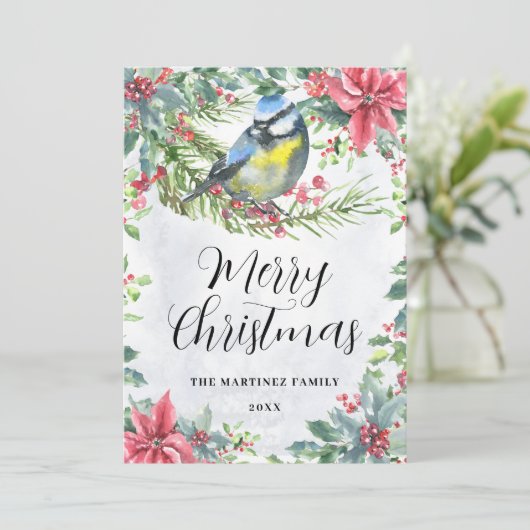 Vogel auf einem Zweig Poinsettia Frohe Weihnachten (Stehend Vorderseite)