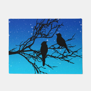 Vögel auf einem Zweig, Schwarz gegen Abend Blau Fußmatte