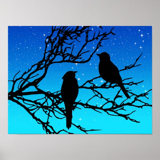 Vögel auf einem Zweig, Schwarz gegen Abend Blau Poster (Vorne)