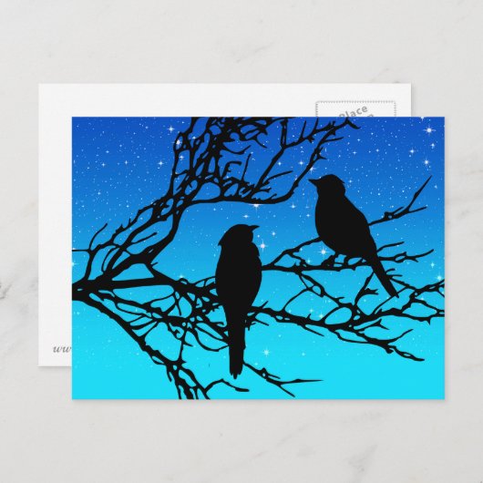 Vögel auf einem Zweig, Schwarz gegen Abend Blau Postkarte (Vorne/Hinten)