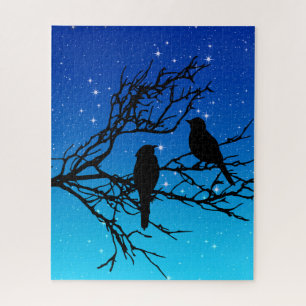 Vögel auf einem Zweig, Schwarz gegen Abend Himmel Puzzle