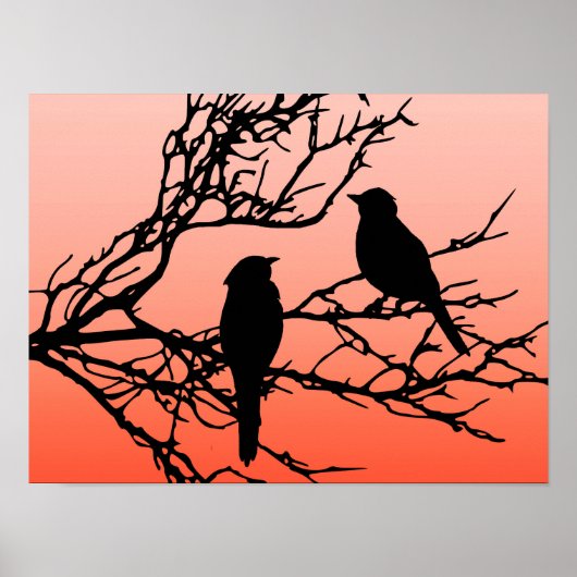 Vögel auf einem Zweig, schwarz gegen Sunset Orange Poster (Vorne)