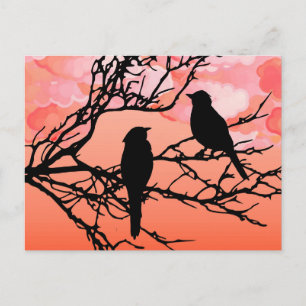 Vögel auf einem Zweig, schwarz gegen Sunset Orange Postkarte