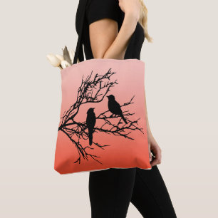 Vögel auf einem Zweig, schwarz gegen Sunset Orange Tasche