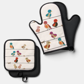 Vögel auf einer Schnur Ofenhandschuh & Topflappen-Set