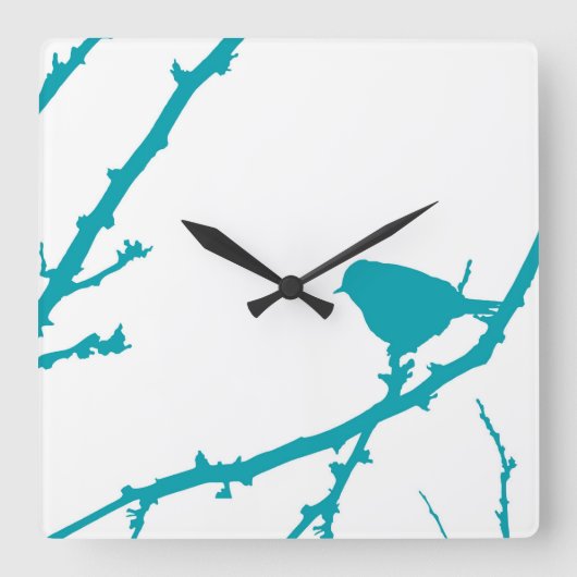 Vogel auf einer Zweig-Silhouette_Türkis Quadratische Wanduhr (Vorderseite)