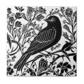 Vogel auf einer Zweigstelle mit Blume in Schwarz u Fliese (Vorderseite)