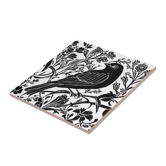 Vogel auf einer Zweigstelle mit Blume in Schwarz u Fliese (Seite)