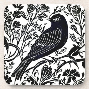 Vogel auf einer Zweigstelle mit Blume in Schwarz u Getränkeuntersetzer