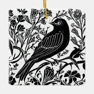 Vogel auf einer Zweigstelle mit Blume in Schwarz u Keramikornament