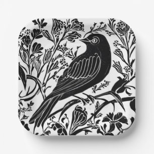 Vogel auf einer Zweigstelle mit Blume in Schwarz u Pappteller