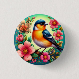 Vogel auf farbenfrohen Blumen sitzend Button