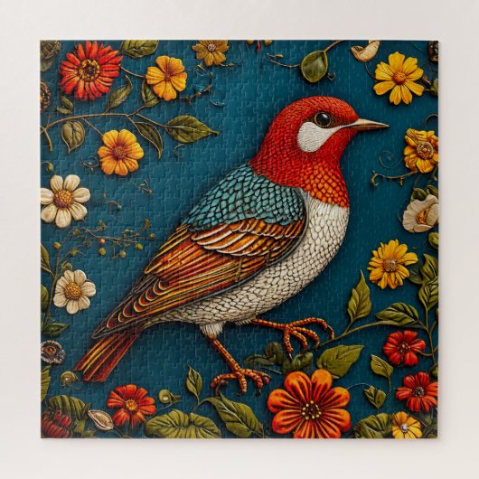 Vogel auf farbenfrohen Blumen sitzend Puzzle (Vertikal)