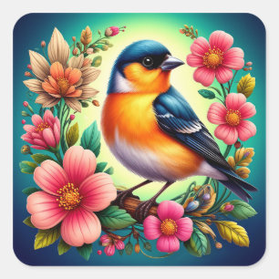 Vogel auf farbenfrohen Blumen sitzend Quadratischer Aufkleber