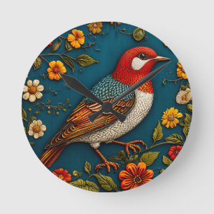 Vogel auf farbenfrohen Blumen sitzend Runde Wanduhr