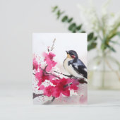 Vogel auf Kirschzweig mit Blüte, Farbe Postkarte (Stehend Vorderseite)