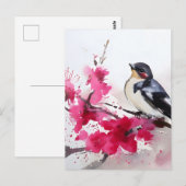 Vogel auf Kirschzweig mit Blüte, Farbe Postkarte (Vorne/Hinten)