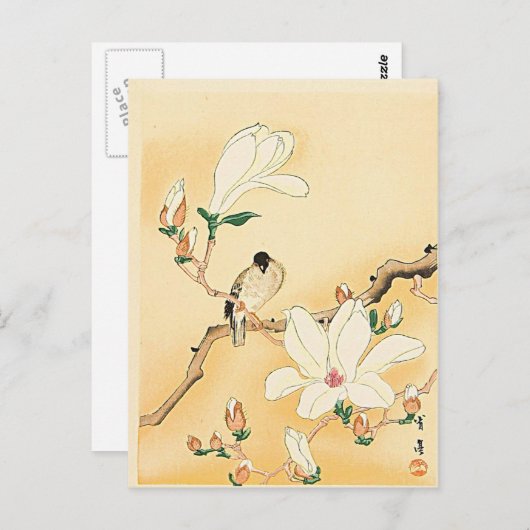 Vogel auf Magnolia Tree Japanischer Holzblock Prin Postkarte (Vorne/Hinten)