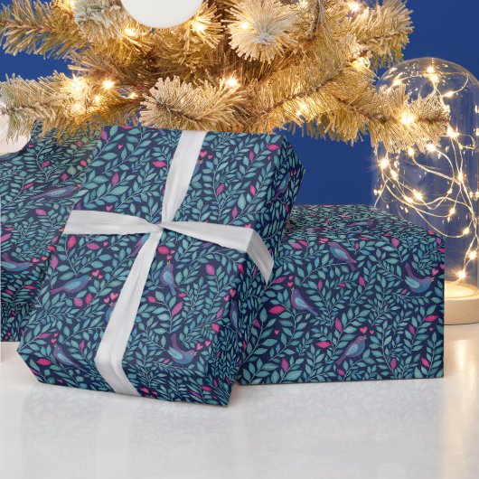 Vögel auf Marine-Wasserfarb-Effekt-Wrap-Papier Geschenkpapier (Feiertage)