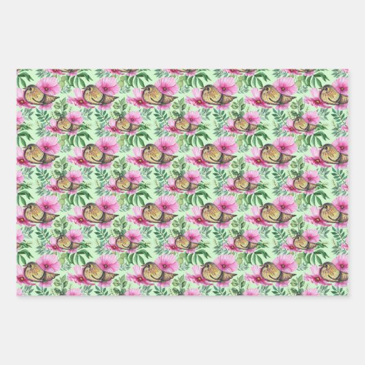 Vogel auf rosa Blume Blätter Zweige (Vorderseite 3)