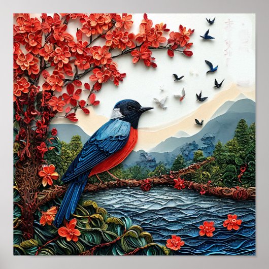 Vogel auf Sakura-Zweig Natur-Dekor-Druck 🎁 Poster (Vorne)