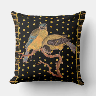 Vögel auf schwarzen Goldpolka-Punkten Kissen