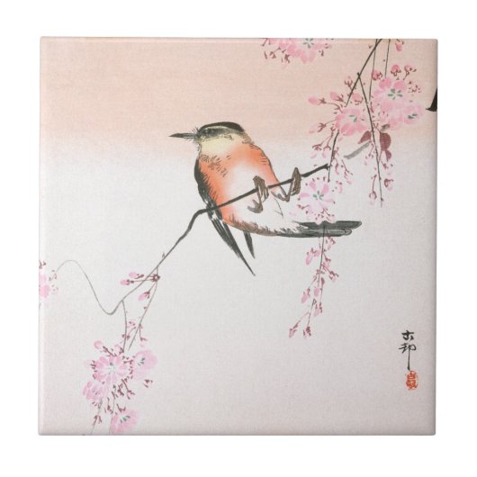 Vogel auf Wachtkirsche - Shidarezakura ni kotori Fliese (Vorderseite)