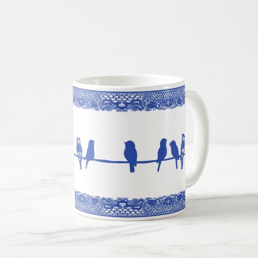 Vögel auf Wire Blue White Willow Whimsical Simple Kaffeetasse (VorderseiteRechts)